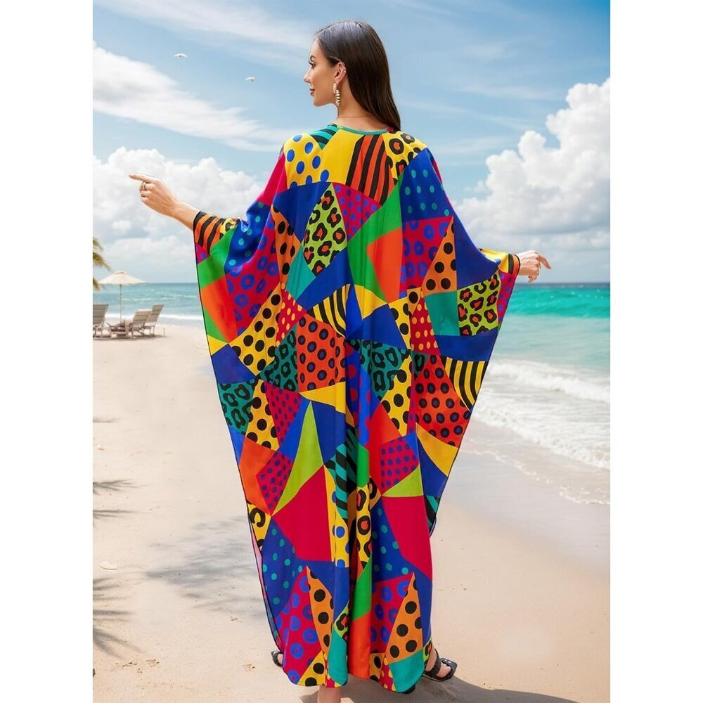 Women Colourful Polka Vneck Batwing Sleeve Flowy Split Hem Bohemian Kaftan Dress - Picture 3 of 6